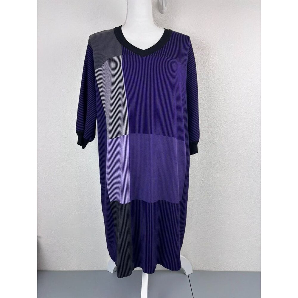 Ming wang women's medium black purple color block v-neck knit shirt dress‎